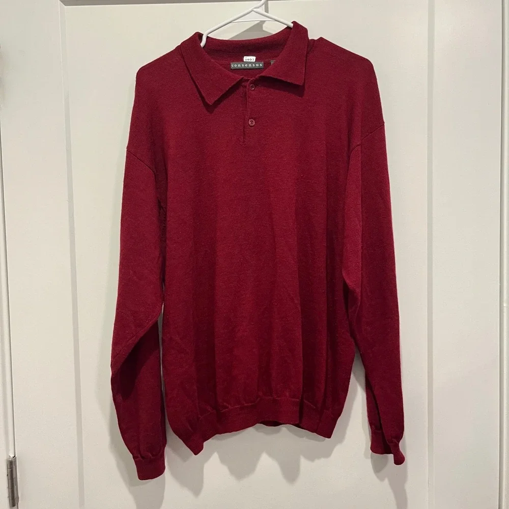 Consensus Mens Merino Wool Long Sleeve Polo Sweater Burgundy‎ Red Made in UK L